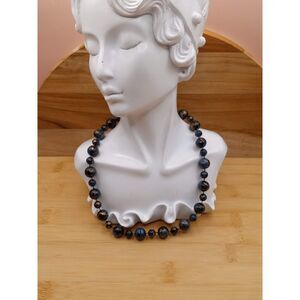 Vintage Blue & Gold Alternating Size Beaded Single Strand Acrylic Necklace